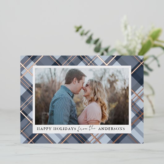 青い格子模様のクリスマスフォイル実在フォト(Christmas foil Photo) 箔シーズンカード (立ち正面)