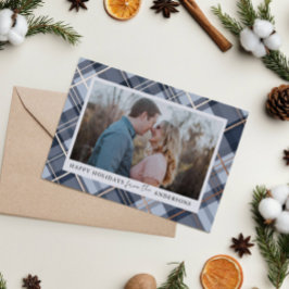 青い格子模様のクリスマスフォイル実在フォト(Christmas foil Photo) 箔シーズンカード