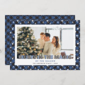 青い格子模様の星の信じ写真クリスマスカード シーズンカード (正面/裏面)