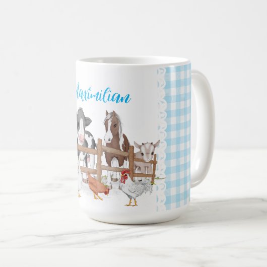 青い格子模様カントリーファームアニマルコーヒーマグ コーヒーマグカップ (正面右)