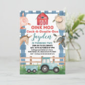 青い格子縞とトラクターの農場の誕生日招待状 招待状 (スタンド正面)