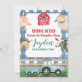 青い格子縞とトラクターの農場の誕生日招待状 招待状 (裏面)