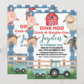 青い格子縞とトラクターの農場の誕生日招待状 招待状 (正面/裏面)