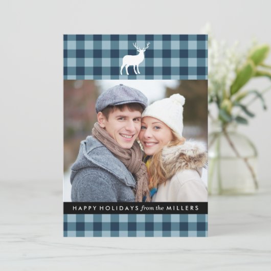 青い格子縞と白い牡鹿 | 休日の写真カード シーズンカード (スタンド正面)