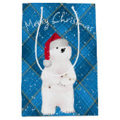 青い格子縞のクリスマス北極クマ ミディアムペーパーバッグ (正面)