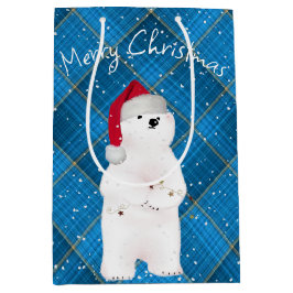 青い格子縞のクリスマス北極クマ ミディアムペーパーバッグ