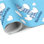 青い格子縞の第1誕生日の名前をカスタムするV03A ラッピングペーパー (ロールコーナー)