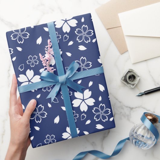 青い桜パターン ラッピングペーパー (ギフト)