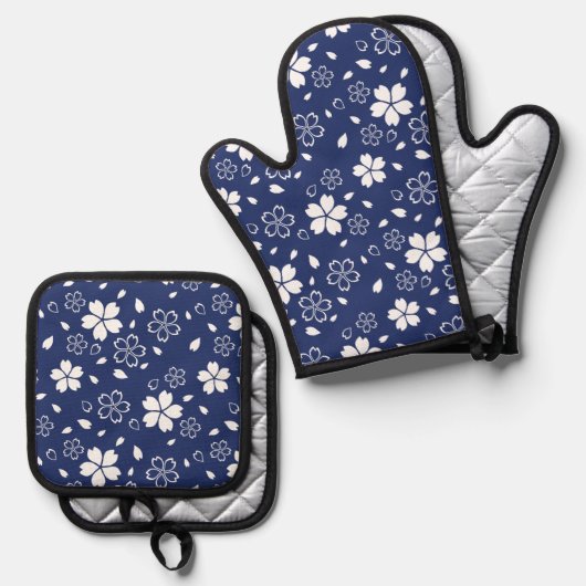 青い桜パターン 鍋つかみ&鍋敷きセット (正面/裏面)