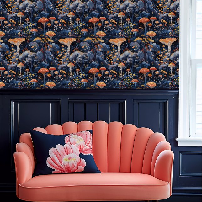 青い森の中でミアリーコアオレンジマッシュルーム 壁紙 (Fairycore Orange Mushrooms in a Blue Forest Wallpaper above a coral scalloped sofa.)