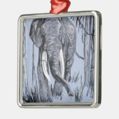 青い森の中を歩くゾウ メタルオーナメント (左)