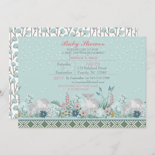 青い森林子ヒツジのベビーシャワーの招待状カード 招待状 (正面/裏面)