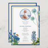 青い植物のゴールド 洗礼 誕生 男の子の写真 招待状 (正面/裏面)