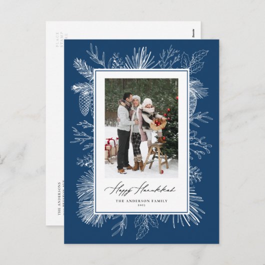 青い植物のフレーム ハッピーハヌカッハ フォト シーズンポストカード (正面/裏面)