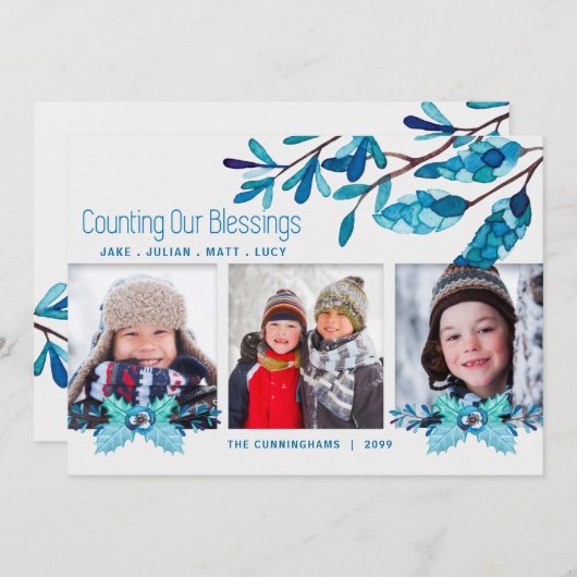 青い植物のブレスカウント 3 枚の写真 シーズンカード (正面/裏面)