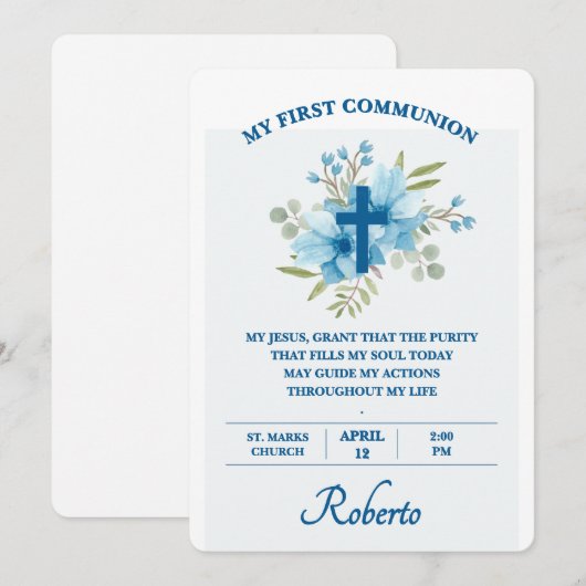 青い植物の十字架 最初の聖体拝領 招待状 (正面/裏面)