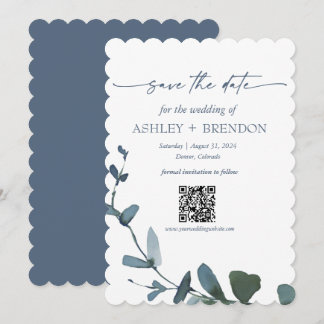 青い植物の葉のSave the Date（QRコード+画像付き） 招待状
