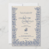 青い植物性のヴィン縁どテージ結婚式 招待状 (正面)