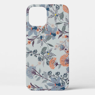 青い植物模様の野生の花。 iPhone 12ケース