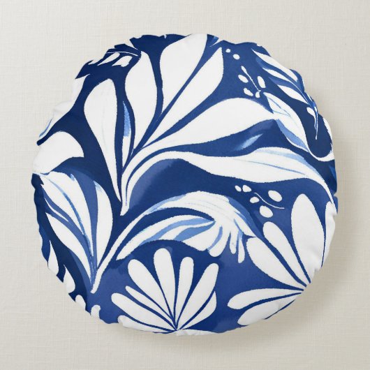 青い植物画 水彩花柄 ラウンドクッション (正面)