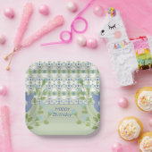 青い模様と花柄 ペーパープレート (パーティー)