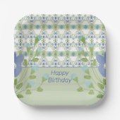 青い模様と花柄 ペーパープレート (正面)