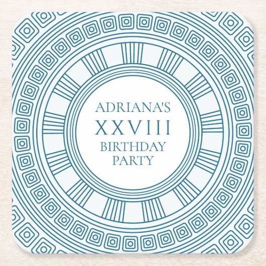 青い模様のギリシャパーティー スクエアペーパーコースター (正面)
