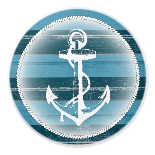 青い樹齢の木材(いかり付き) セラミックノブ (正面)