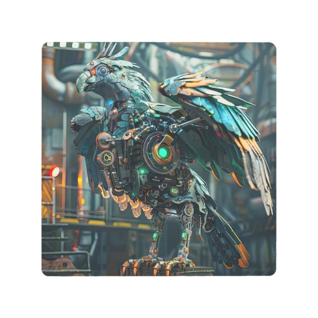 青い機械のフェニックス鳥 メタルプリント (正面)