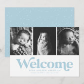 青い歓迎3枚の写真の誕生の発表 案内状 (正面/裏面)