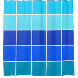 青い正方形のグラデーションストライプの シャワーカーテン