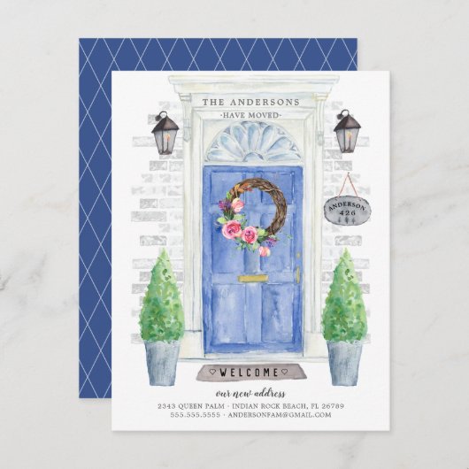 青い正面ドアの移動アナウンス 招待状 (正面/裏面)