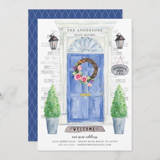 青い正面ドアの移動アナウンス 招待状 (正面/裏面)