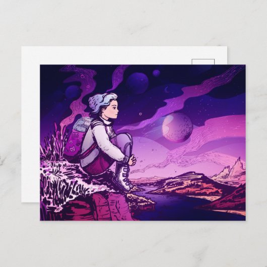 青い毛の女の子の宇宙飛行士夜 シーズンポストカード (正面/裏面)