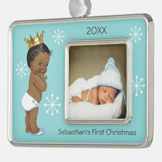 青い民族のBaby王子の第1クリスマスの写真 シルバープレートフレームオーナメント (左)