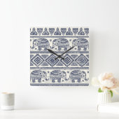 青い民族象のパターン スクエア壁時計 (ホーム)