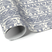 青い民族象のパターン ラッピングペーパー (ロールコーナー)