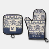 青い民族象のパターン 鍋つかみ&鍋敷きセット (正面)