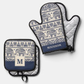 青い民族象のパターン 鍋つかみ&鍋敷きセット (正面/裏面)