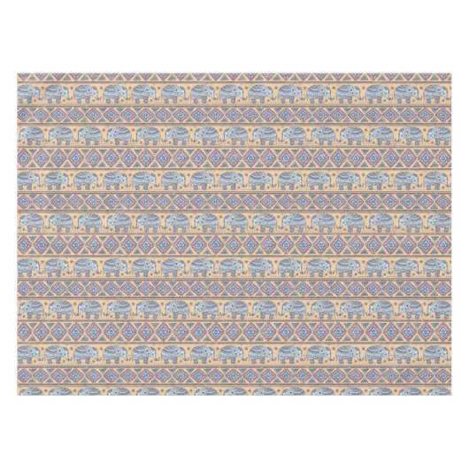 青い民族象の種族パターン テーブルクロス (正面(横))