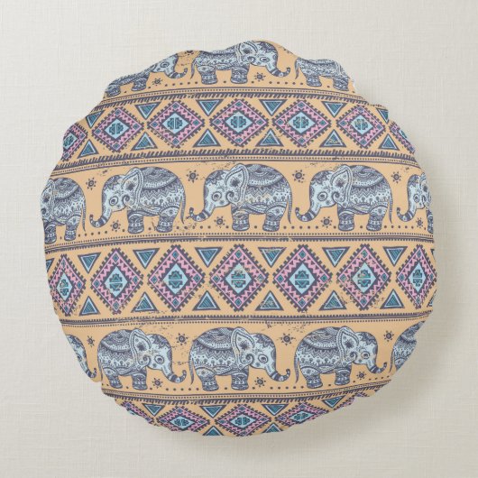 青い民族象の種族パターン ラウンドクッション (裏面)