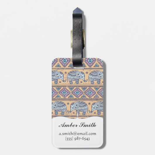 青い民族象の種族パターン ラゲッジタグ (裏面縦)