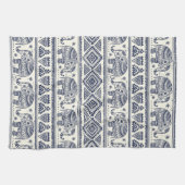 青い民族象パターン キッチンタオル (横)