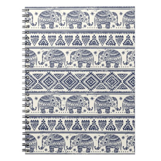 青い民族象パターン ノートブック (正面)