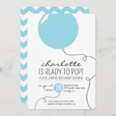 青い気球の男の子のベビーシャワーの招待をぽんと鳴らすために用意して下さい 招待状 (正面/裏面)