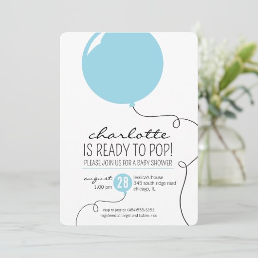青い気球の男の子のベビーシャワーの招待をぽんと鳴らすために用意して下さい 招待状 (スタンド正面)