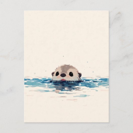 青い水から顔を出すかわいいカワウソ ポストカード (正面)