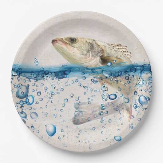 青い水から飛び出す大きな魚 ペーパープレート (正面)