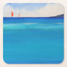 青い水に赤い帆、水の色絵画の