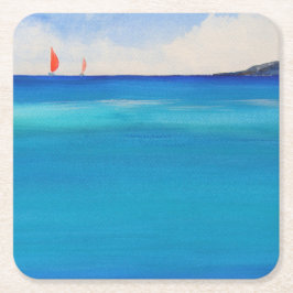 青い水に赤い帆、水の色絵画の スクエアペーパーコースター